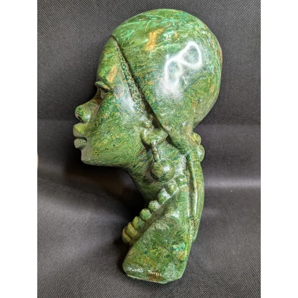 James Tandi Green Stone African Woman Carved Bust Signed Excellent Condition - Picture 5 of 10